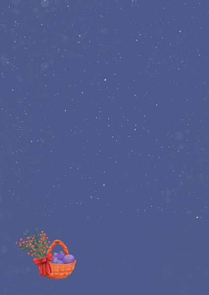 Winterkaart met lieve muis en fruitmand Achterkant