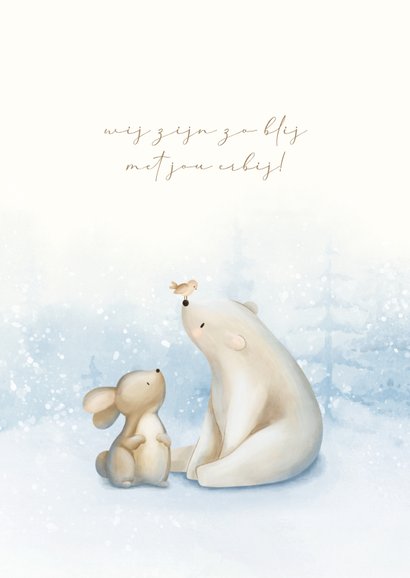 Winters geboortekaartje met een konijn ijsbeer en vogeltje 2