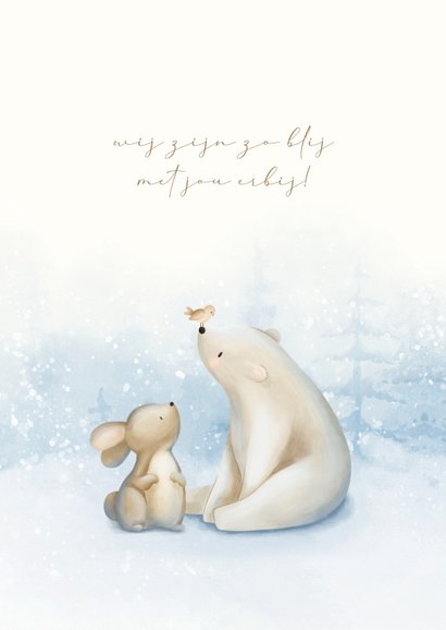 Winters geboortekaartje met een konijn ijsbeer en vogeltje 2