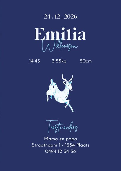 Winters geboortekaartje met hert en bloemen 3