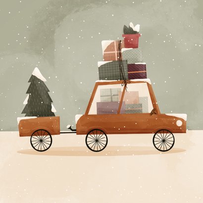 Winters verhuiskaartje autootje met dozen en kerstboom 2