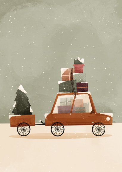 Winters verhuiskaartje met foto's en een auto met kerstboom 2