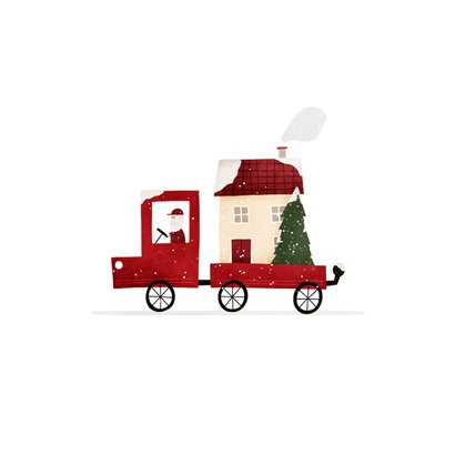 Winters verhuiskaartje rood busje met huis en kerstboom 2