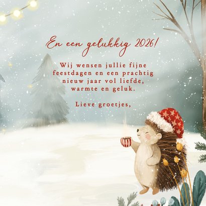 Winterse kerstkaart met egel en kerstboom 3