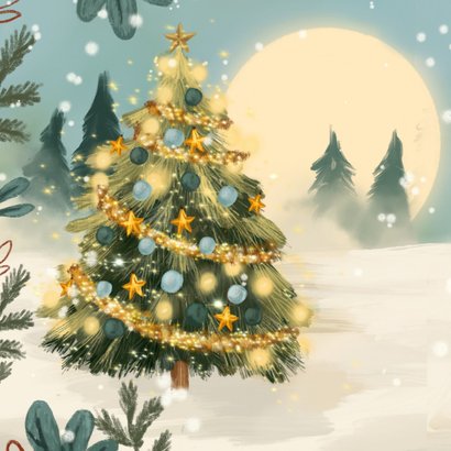 Winterse kerstkaart met pinguïn en kerstboom 2