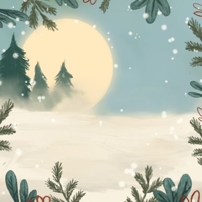 Winterse kerstkaart met pinguïn en kerstboom Achterkant