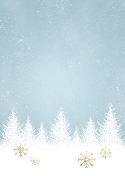 Winterse Kerstkaart witte boompjes, sneeuwvlokken en foto Achterkant