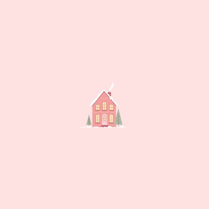 Winterse roze verhuiskaart met huisje in sneeuwbol  Achterkant