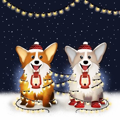 Winterse Save the Date kaart met 2 corgi honden en lampjes 2