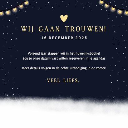 Winterse Save the Date kaart met 2 corgi honden en lampjes 3