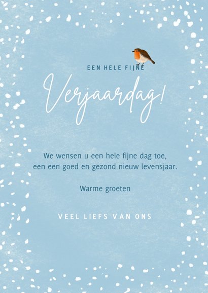 Winterse verjaardagskaart met een roodborstje in de sneeuw 3