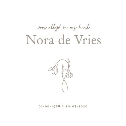 Witte rouwkaart met sneeuwklokjes en handgeschreven letters 2