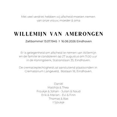 Witte rouwkaart met zwart-wit illustratie van een schelp 3