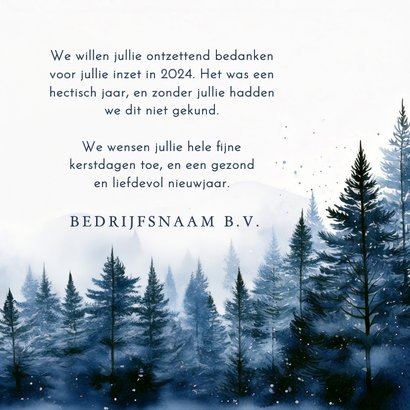 Zakelijk kerstkaartje blauwe kerstbomen landschap liefdevol 3