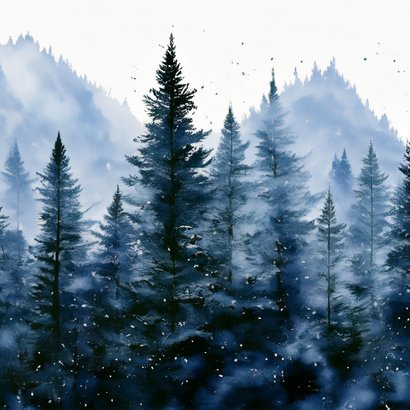 Zakelijk kerstkaartje blauwe kerstbomen landschap liefdevol Achterkant