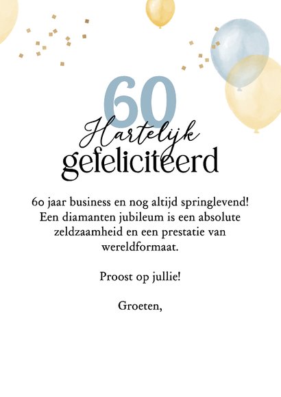 Zakelijke felicitatiekaart bedrijfsjubileum ballonnen cheers 3