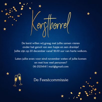 Zakelijke kerstborrel uitnodiging blauw goudlook champagne 3