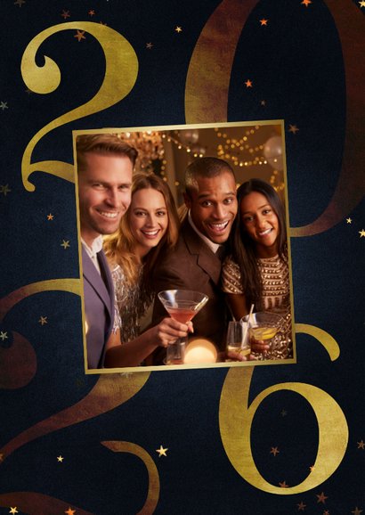 Zakelijke kerstkaart 2026 goud met sterren fijne feestdagen 2