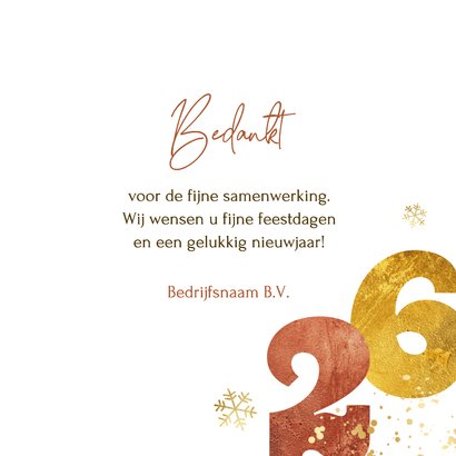 Zakelijke kerstkaart 2026 linnen cijfers goud sneeuw spetter 3