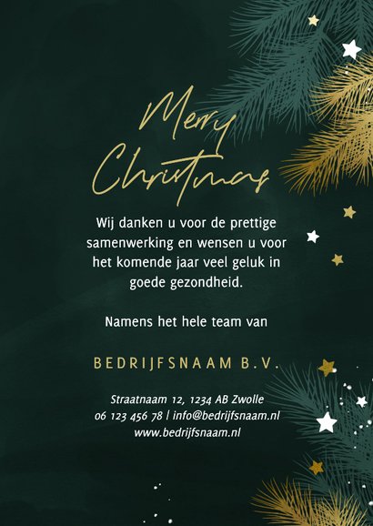 Zakelijke kerstkaart 2026 met kersttakjes en gouden sterren 3