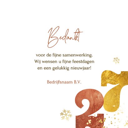 Zakelijke kerstkaart 2027 linnen cijfers goud sneeuw spetter 3