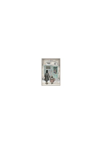 Zakelijke kerstkaart Anton Pieck man en kind voor winkel Achterkant