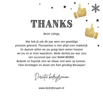 Zakelijke kerstkaart bedankt thanks goud duimpjes sterren 3