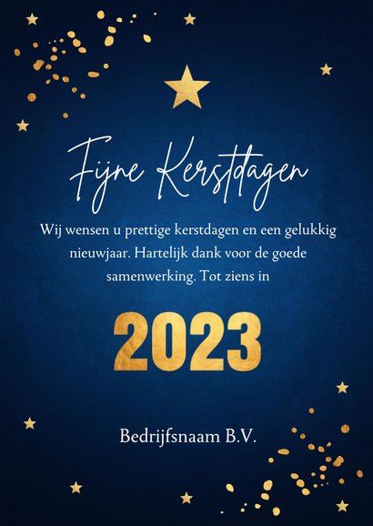 Zakelijke kerstkaart blauw goudlook confetti sterren 3
