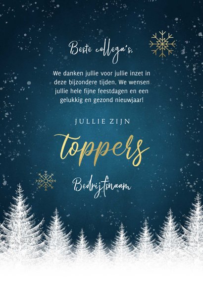 Zakelijke kerstkaart bomen, gouden typografie, sneeuwvlokken 3