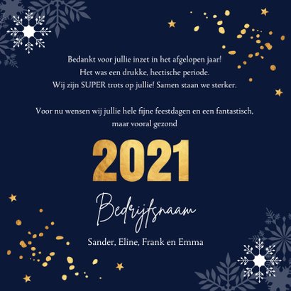 Zakelijke kerstkaart donkerblauw 2021 goudlook confetti 3