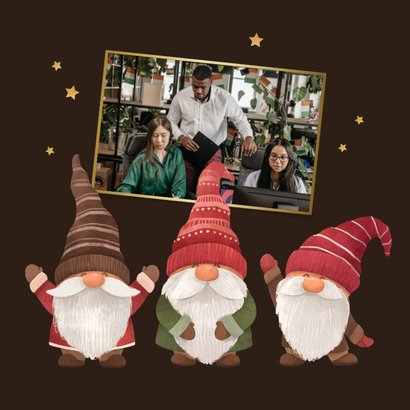 Zakelijke kerstkaart gnome kabouter fijne kerst goud logo 2