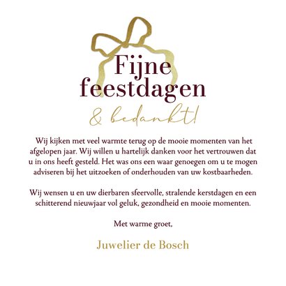 Zakelijke kerstkaart goud strikjes fotocollage sterren rood Achterkant