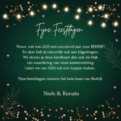 Zakelijke kerstkaart groen bedankt lampjes 2026 koperlook 3