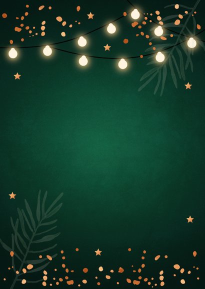 Zakelijke kerstkaart groen lampjes 2026 koperlook Achterkant