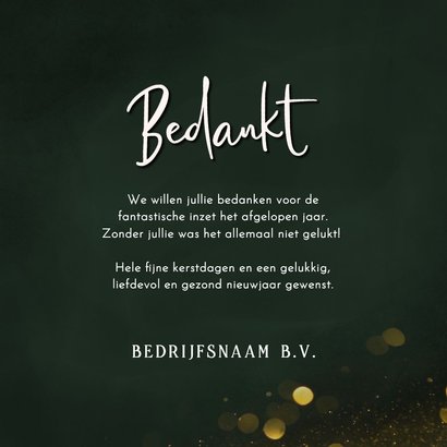 Zakelijke kerstkaart groen met gouden kerstballen bedankt 3