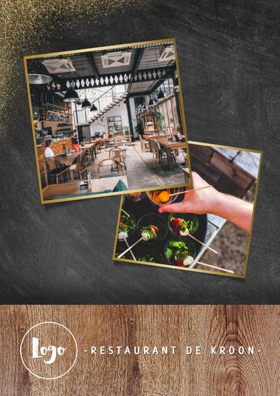 Zakelijke kerstkaart horeca met hout, krijtbord en foto's 2