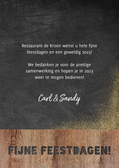 Zakelijke kerstkaart horeca met hout, krijtbord en foto's 3