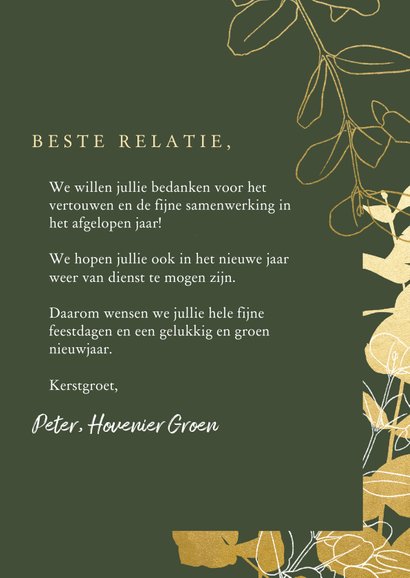 Zakelijke kerstkaart hovenier met gouden takjes en foto 3