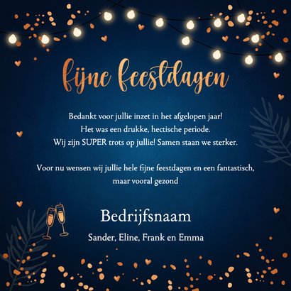 Zakelijke kerstkaart lampjes bedankt koperlook blauw 3