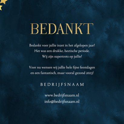 Zakelijke kerstkaart medewerkers bedankt sterren goud blauw 3