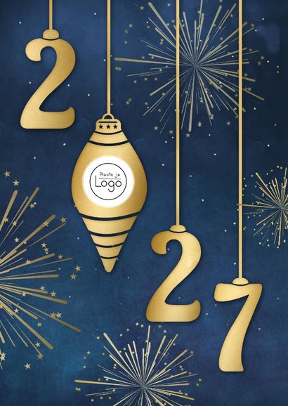Zakelijke kerstkaart met 2027 kerstballen vuurwerk en logo 2