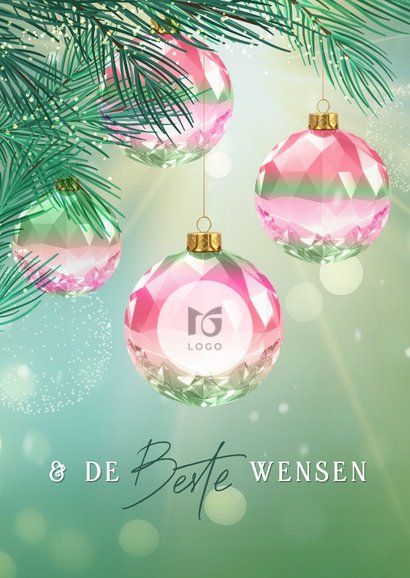Zakelijke kerstkaart met gekleurde kristallen kerstballen 2
