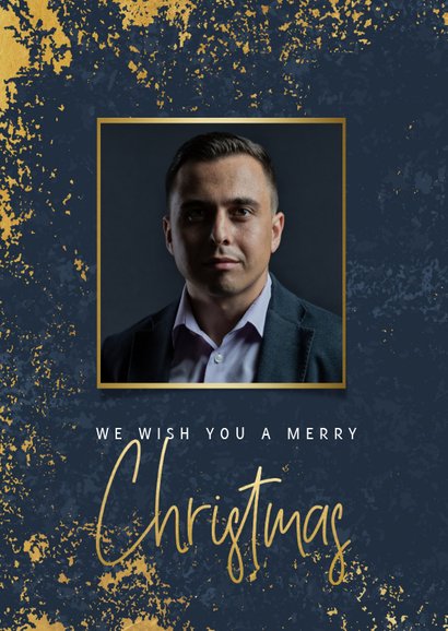 Zakelijke kerstkaart met gouden kader, foto's en typografie 2