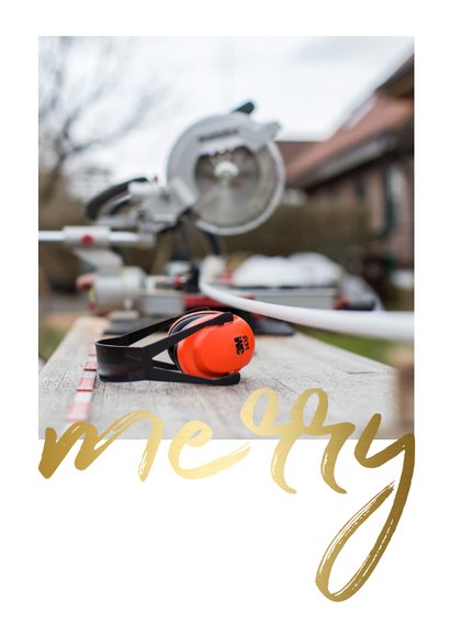 Zakelijke kerstkaart met gouden 'merry' en foto's 2