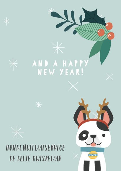 Zakelijke kerstkaart met illustratie van hondje en takjes 3