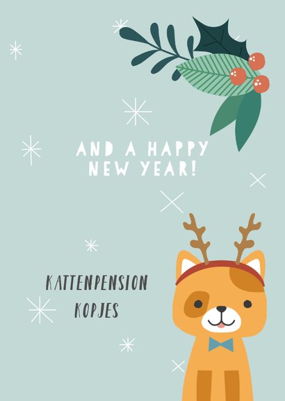 Zakelijke kerstkaart met illustratie van kat en takjes 3