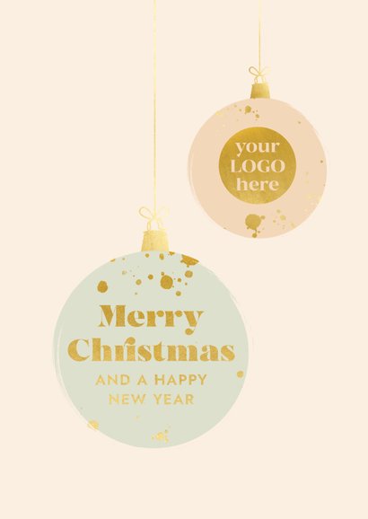 Zakelijke kerstkaart met kerstballen goudlook en eigen logo 2