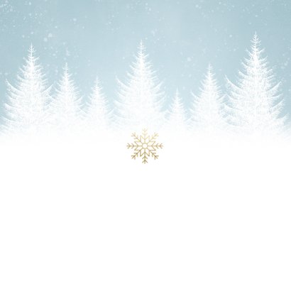 Zakelijke kerstkaart met sneeuw, bomen en 'Fijne feestdagen' Achterkant