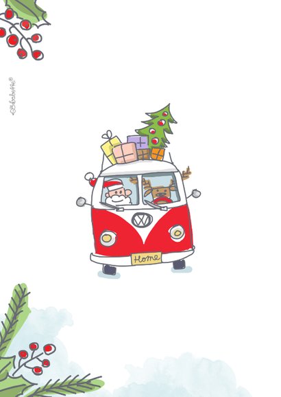 Zakelijke kerstkaart met vw busje op wereldbol 2