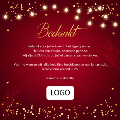 Zakelijke kerstkaart rood Fijne Feestdagen goudlook lampjes 3
